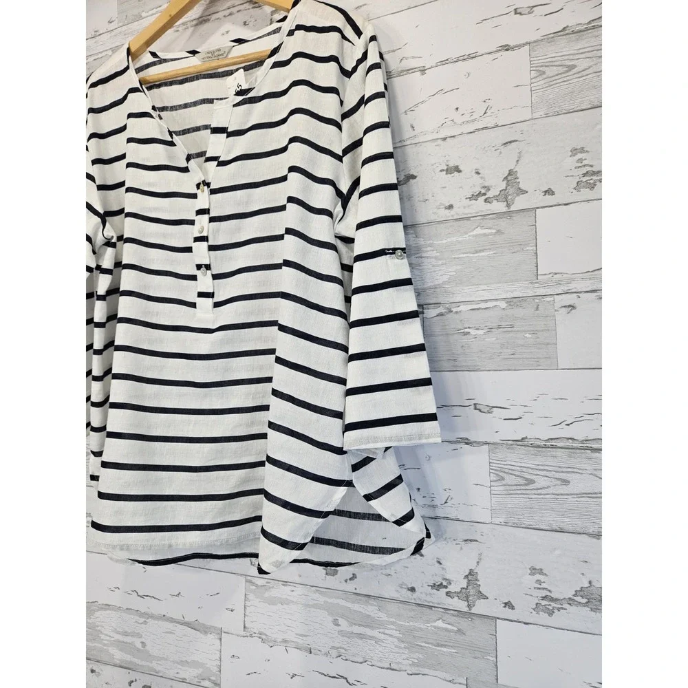 Hester & Orchard Linen Blend Top Striped Blue White Large 3/4 Sleeves - Picture 3 of 9